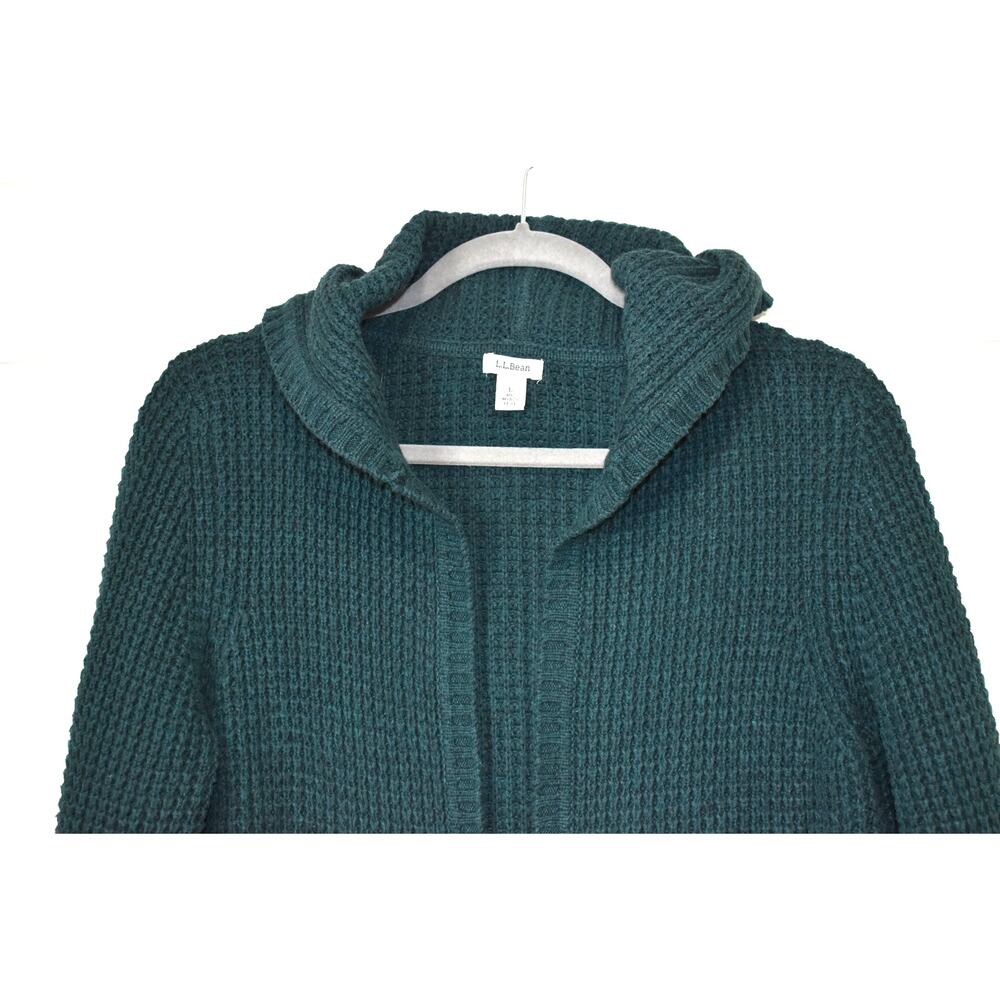 L.L. Bean Sweater Green Large Merino Wool Cotton Open Front Hood Cardigan Knit - Picture 2 of 9